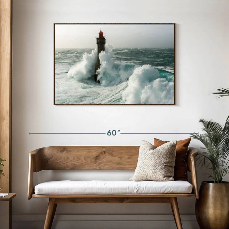 Phare dans une tempête, Cadre flottant noyer, 43 po x 29 po