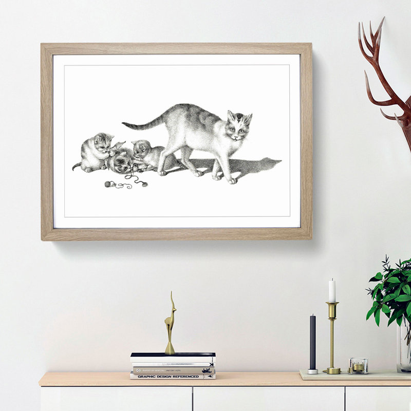 Cat with Playful Kittens by Gottfried Mind - Picture Frame Graphic Art Print, 27cm H x 36cm W x 2cm D, Oak Framed