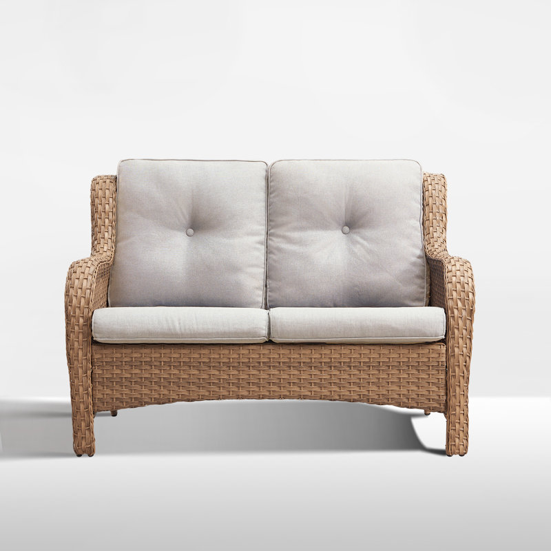 Schutt 50" Wide Outdoor Wicker Loveseat With Cushions, Beige, Yellow