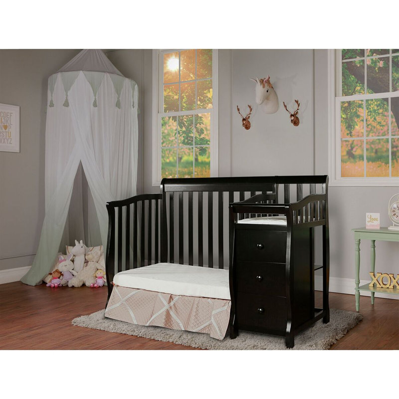 Black New Zealand Pinewood 4-in-1 Convertible Mini Crib with Changer
