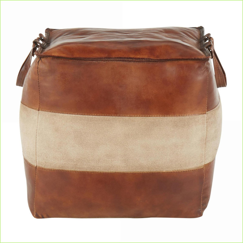 Ottoman, Industrial Walnut Brown Leather &amp; Tan Brown Canvas Pouf with Side Handles by LumiSource | Walnut Brown | Leather