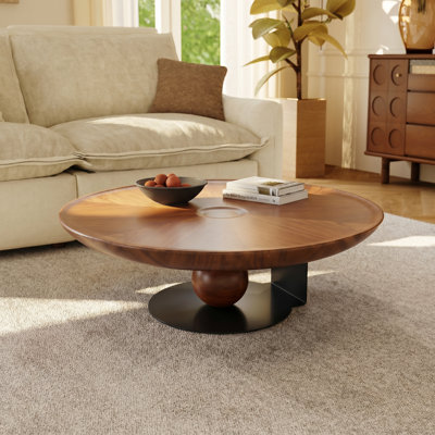 40" Modern Round Coffee Table with Radial Wood Veneer, Saucer-Shaped Table with Sculptural Ball Base