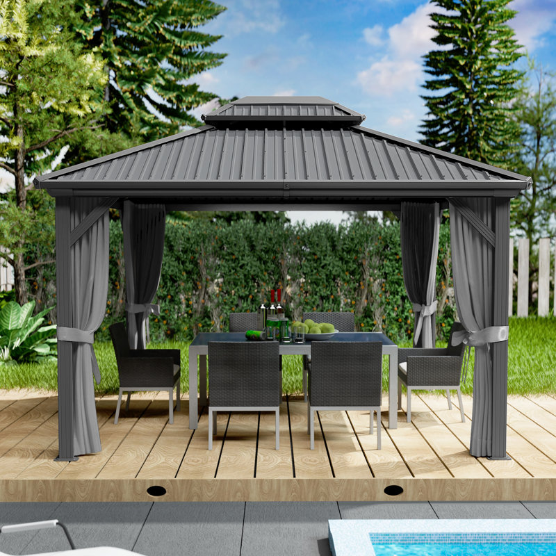 Kozyard Caesar Gray Double Roof Hardtop Gazebo with Privacy Curtain and Mosquito Netting, 120" x 144", Brown, Brown