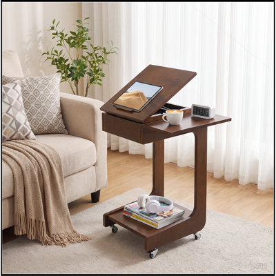 Solid Wood C Shaped End Table, Rolling Side Table with 360° Adjustable & Foldable Desktop, Couch Table with Laptop Stand for Couch, Living Room, Bedroom, Office (Walnut)