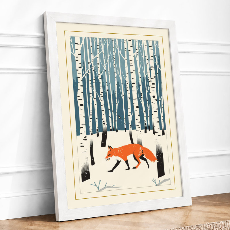 Fox in Winter Woods Scandinavian - Framed Print, A2 - 59.4 x 42.0 cm, White