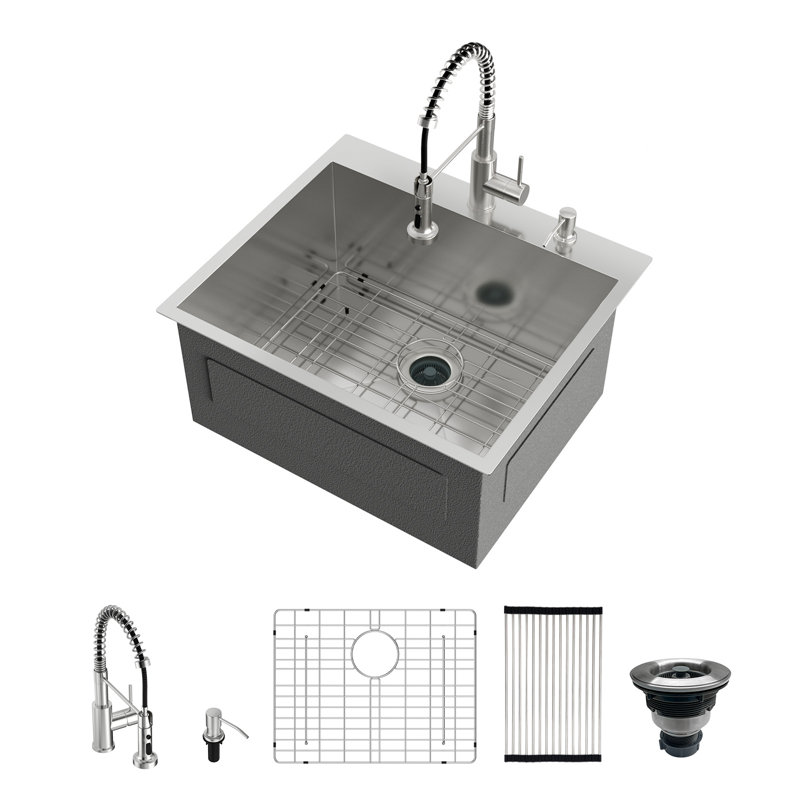 Évier de cuisine en acier inoxydable de calibre 16 avec robinet L 25 po x l 22 po x H 12 po