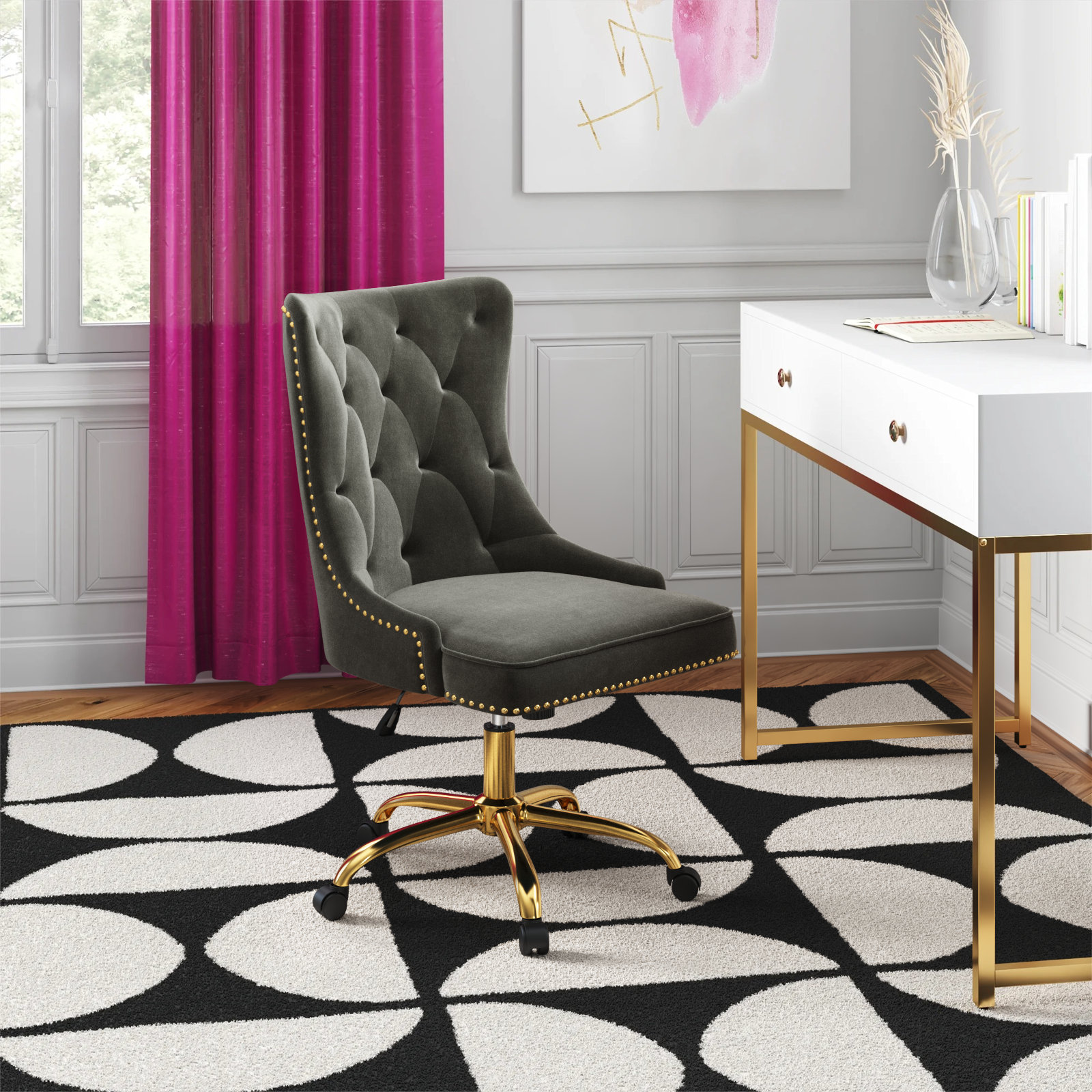 Lisa Swivel Height-Adjustable Wingback Tilting Velvet Task Chair with Tufted Naihead Trim