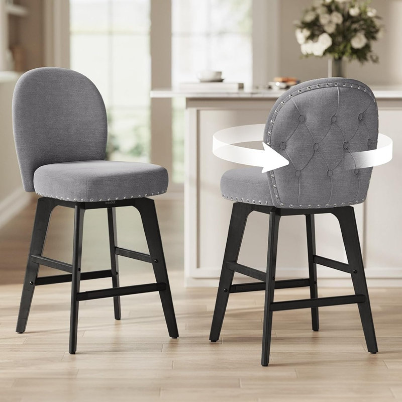 Ensemble de 2 tabourets de bar pivotants à hauteur de comptoir avec dossier, sièges revêtus de chenille et pieds en bois, gris ardoise
