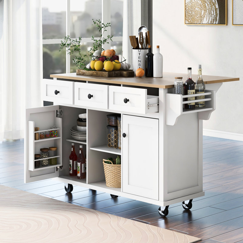 Chariot de cuisine avec 3 tiroirs, rangement interne et roulettes lisses, armoire blanche et roulettes, Blanc