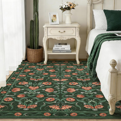 Area Rug, Floral Washable Rugs, Modern Style, Non-Slip Low-Pile Soft Floor Carpet for Bedroom, Living Room, Dining Room