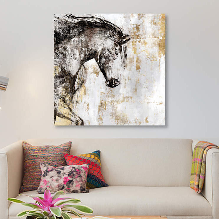 «Équitation Gold III», reproduction sur toile, H 12 po x l 12 po x P 1,5 po, Toile tendue, Pas de tapis
