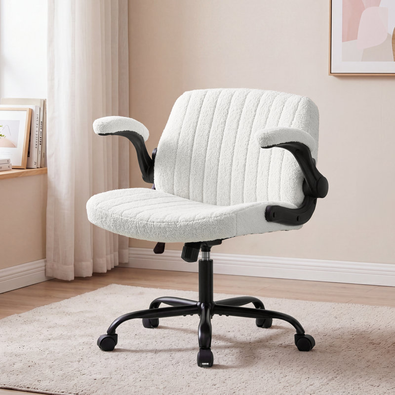 Ribbed Fabric Swivel Home Office Chair with Armrests, Adjustable Height Vanity Chair with Wheels, Beige