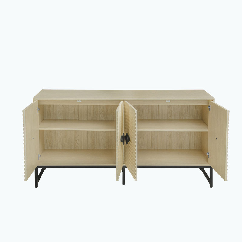 Buffet 59 po avec 4 portes, tablettes réglables, panneaux de porte géométriques décoratifs et poignées en bois à finition noire pour la salle à manger, le salon et le vestibule