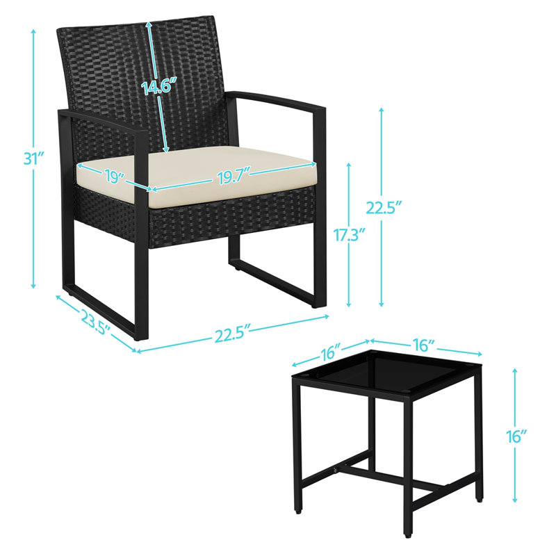 Ensemble de meubles de patio 3 pièces Bowmore avec chaises rembourrées en rotin et table en métal, Beige