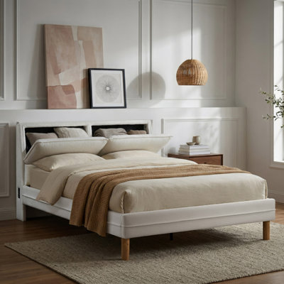 Emilia Queen Upholstered Bed with Hidden Storage USB Power Ports Boucle Fabric