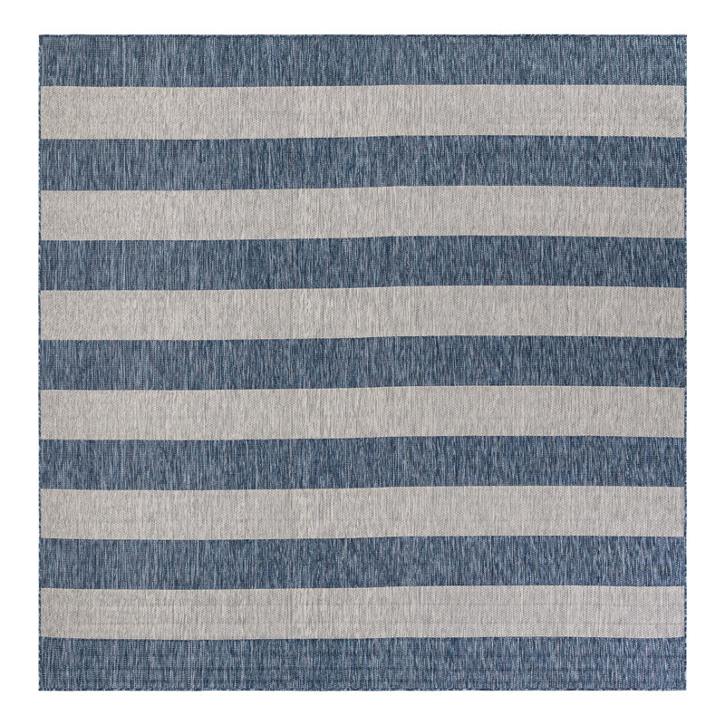 Tapis rayé bleu / gris intérieur / extérieur Simoes, Carré 10 pi