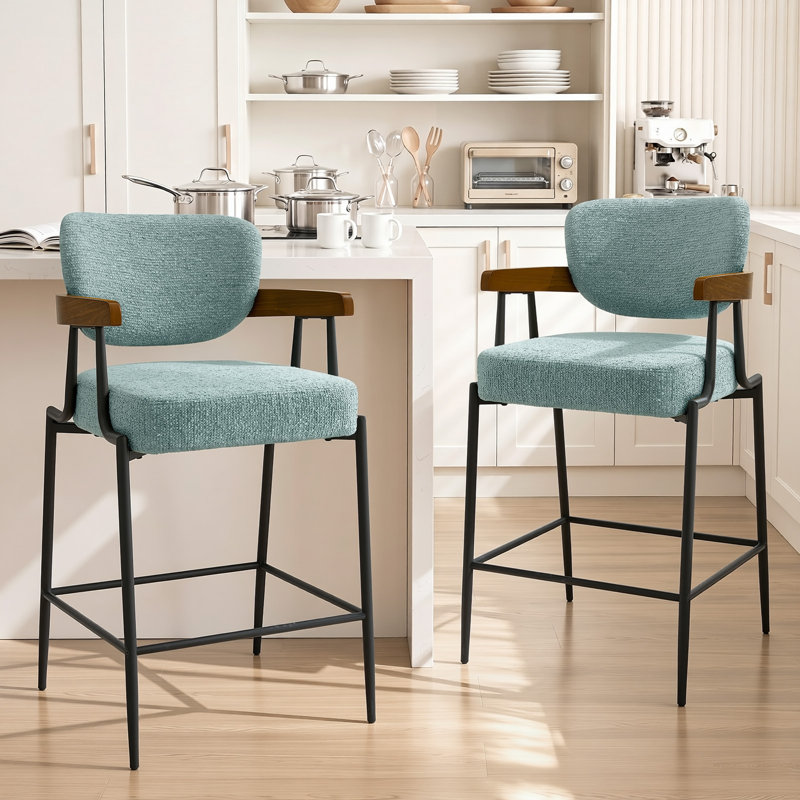 Tabouret de bar enveloppant en noyer avec siège rembourré, Bleu
