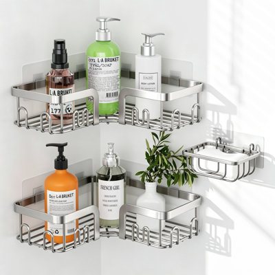 Serviteur de douche de coin adhésif en acier inoxydable, organisateur de douche antirouille avec porte-savon, argent