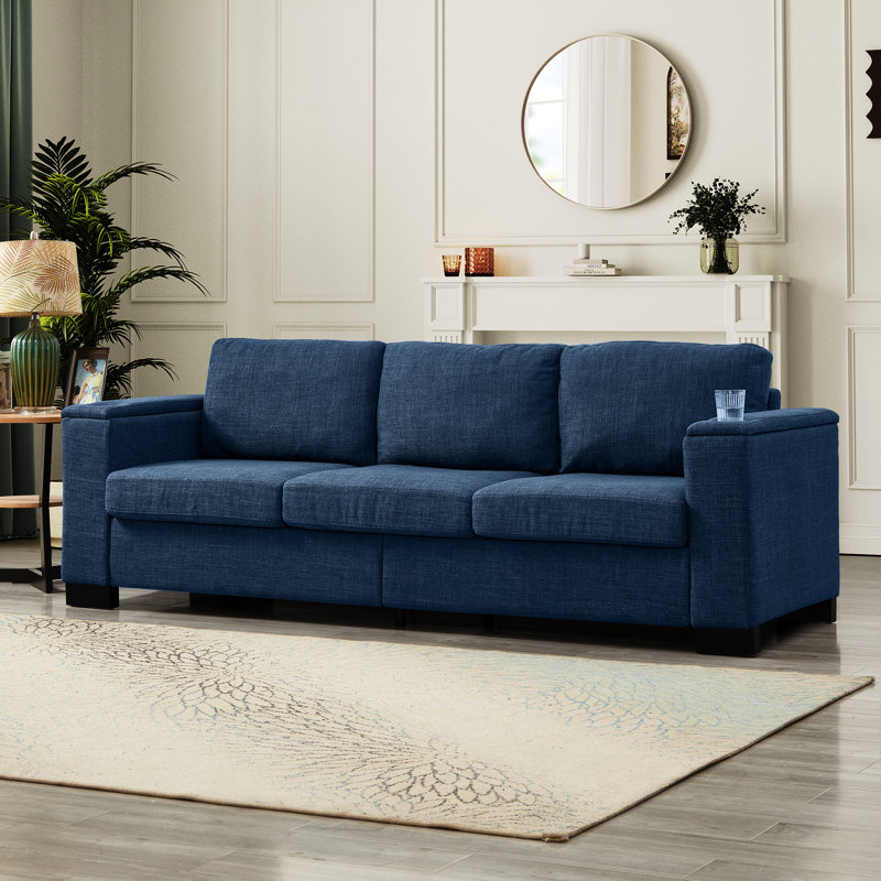 Accoudoir carré de 93,7 po avec porte-gobelet et rangement, rembourré en bleu, avec accoudoirs, support et pieds en bois massif de haute qualité