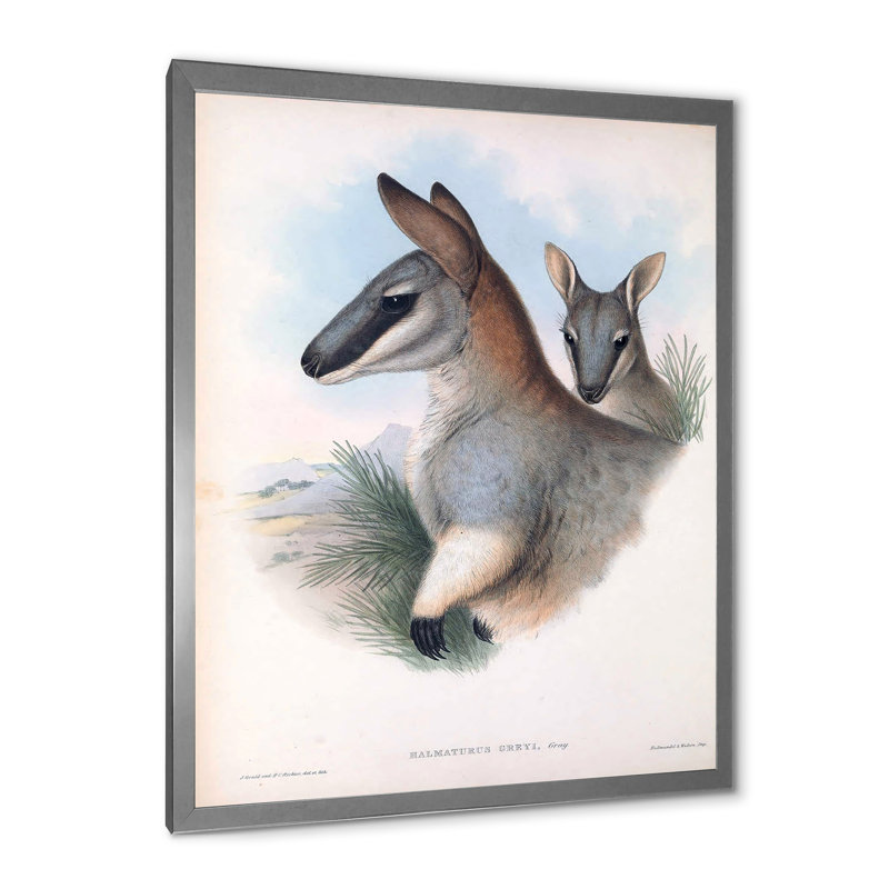Kangourou rétro - peinture sur toile, H 40 po x l 30 po x 1,5 po, Cadre photo argenté