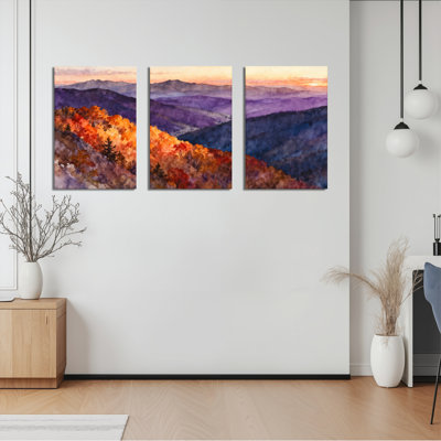 Tableau sur toile tendue représentant un paysage de montagne d'automne, style aquarelle (lot de 3)