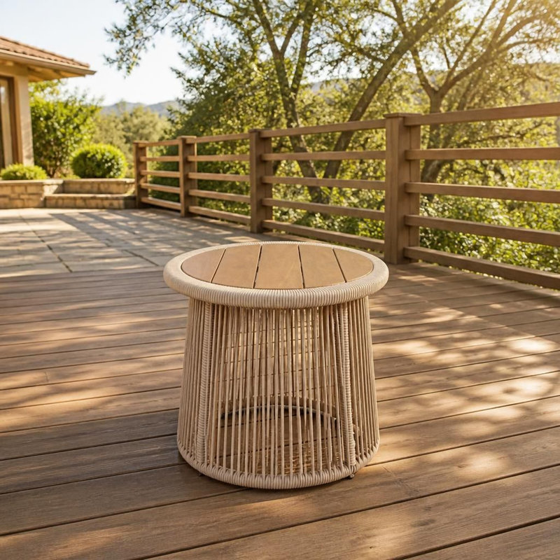 Table d'appoint ronde moderne à tissage ouvert avec plateau en bois d'acacia durable, capacité de poids élevée, structure intérieure en acier robuste, résistant aux intempéries