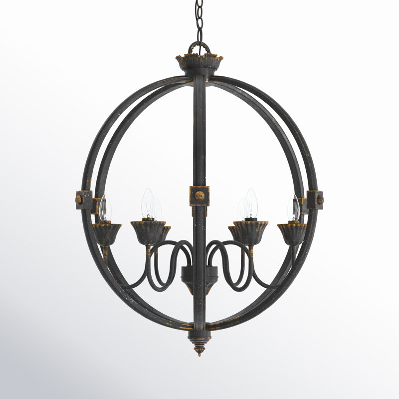 6 - Light Candle Style Globe Chandelier, Antique Black Iron