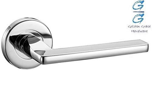Golden Grace 7 Sets Leon Design Lever Door Handles on Round Rose in Polished Chrome Finish with Pair of 3" Hinges & 2.5" Tubular Latch