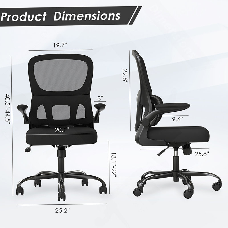 Chaise de bureau ergonomique en filet avec support lombaire, accoudoirs rabattables, roulettes, idéale pour la maison et le bureau