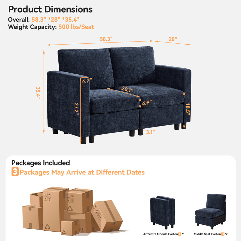 58.3” Upholstered Loveseat Modular Sofa With Under-Seat-Storage, Chenille, Navy Chenille