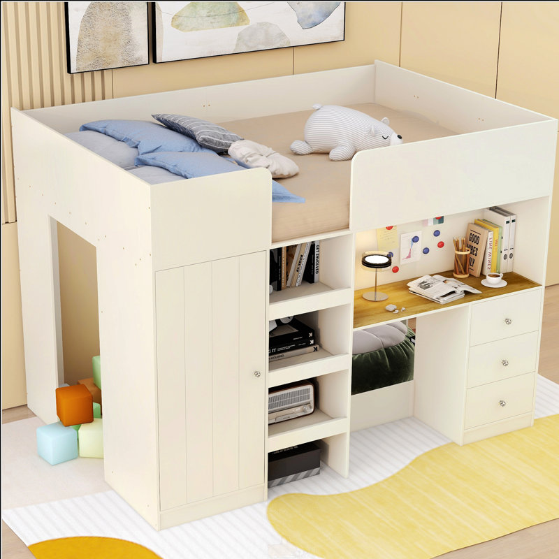 Lit mezzanine double en bois avec garde-robe intégré