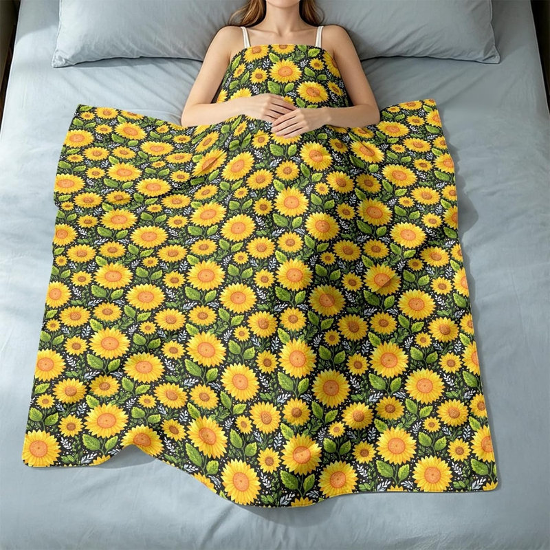Plaid en flanelle à imprimé tournesol, style champêtre, 152 x 203 cm, 60 po x 80 po