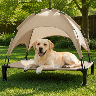 For large dogs outdoors, this portable raised cot combines breathable mesh with a removable sun-shade tent/canopy and is intended for camping, beach, backyard, and other outdoor settings.