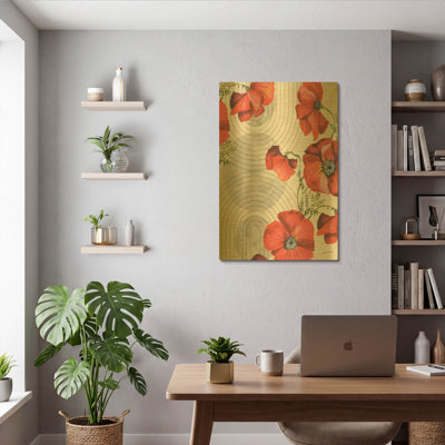 «Mid Century Poppies A» par Jean Plout, art mural en métal doré, 24 po x 36 po