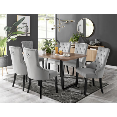 Edzard Dining Table Chrome And Brown Wood Effect With 6 Luxury Velvet Dining Chairs