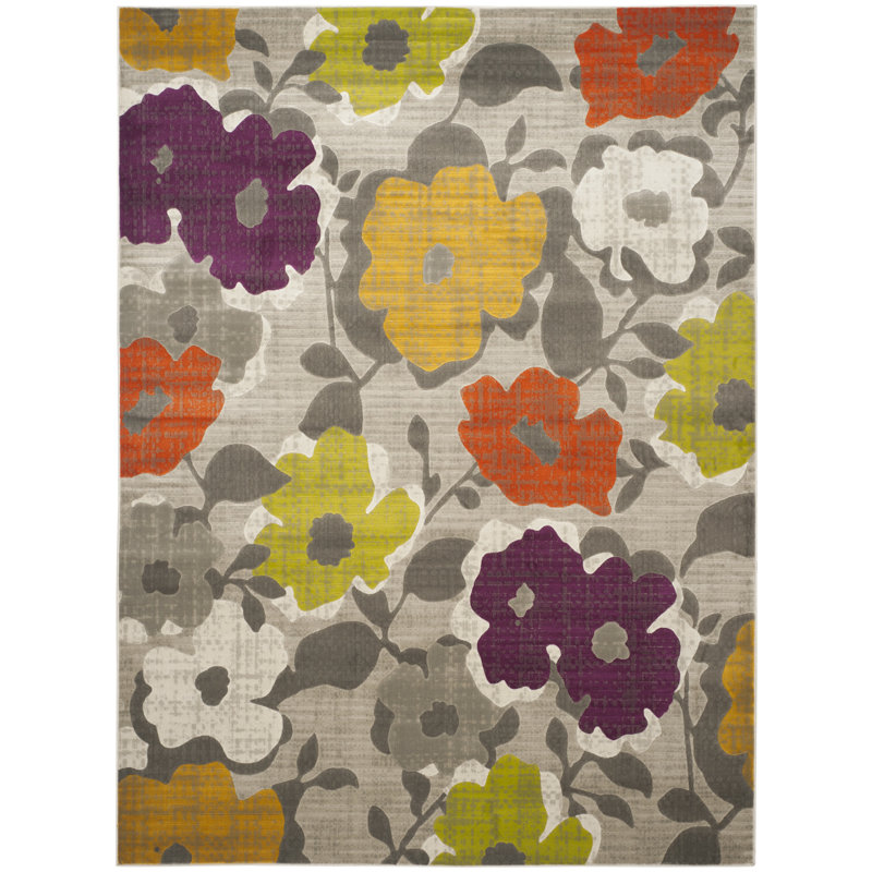 Gray Floral Reversible 4' x 6' Synthetic Rug