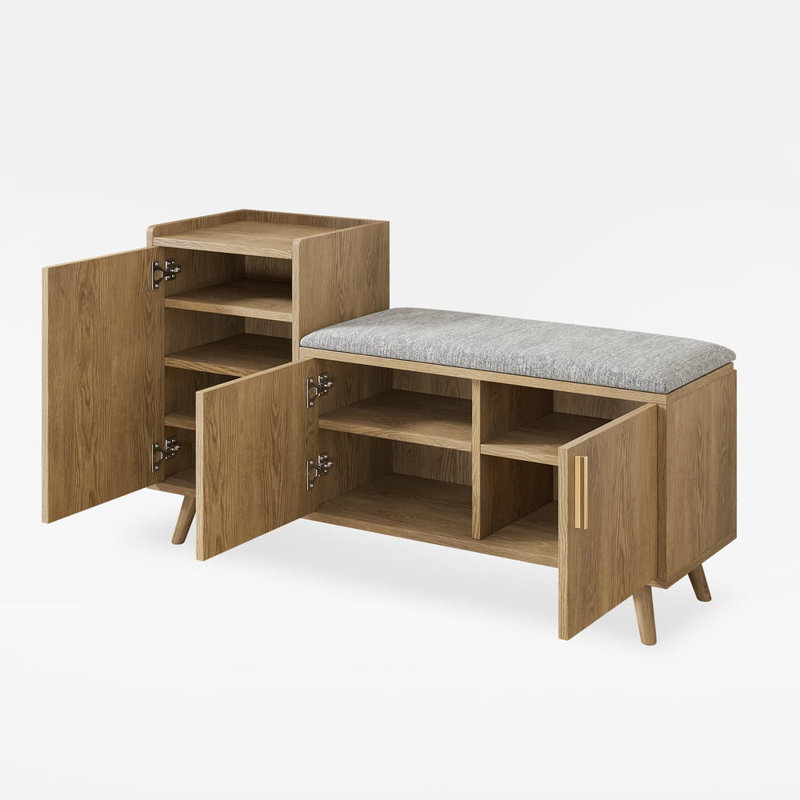 Walnut Wooden Shoe Storage Bench With Left-Side Cabinet For Entryway (47")