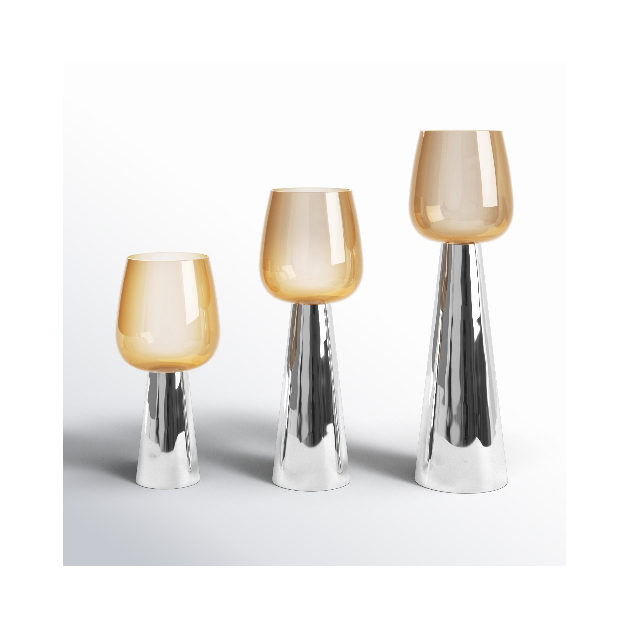 Merriweather 3 Piece Tabletop Candle Stand Set, Polished Silver