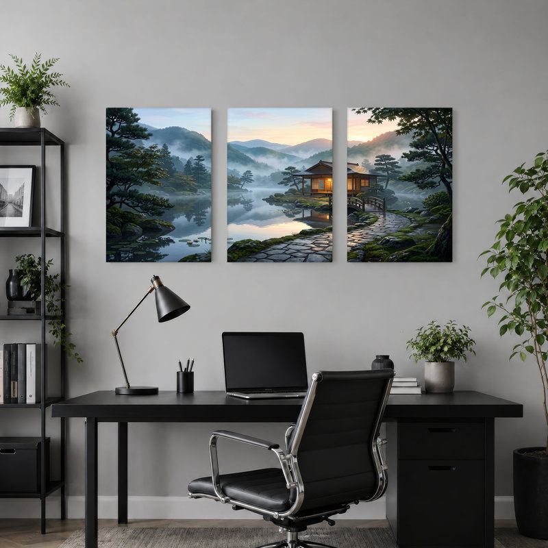«Japanese House on Misty Lake with Stone Path and Bridge», ensemble de 3 toiles, 24"H x 16"W x 3pcs