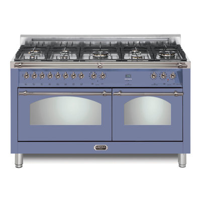 Cuisinière mixte Lofra Dolcevita Series de 60 pouces à double four et 8 brûleurs scellés (gaz naturel, bleu pigeon, garniture chromée)