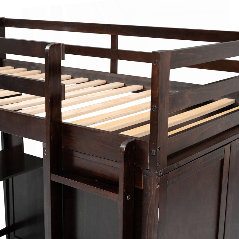 Florinka Loft Bed with Drawers,Desk,and Wardrobe, Espresso, Twin