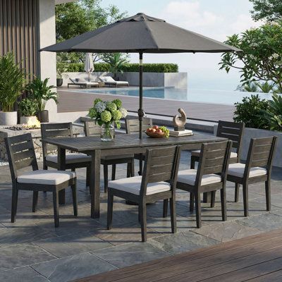 9-Piece Outdoor Dining Set, Extendable Acacia Wood Patio Table with Umbrella Hole, 8 Water-Repellent Cushion Armless Dining Chairs