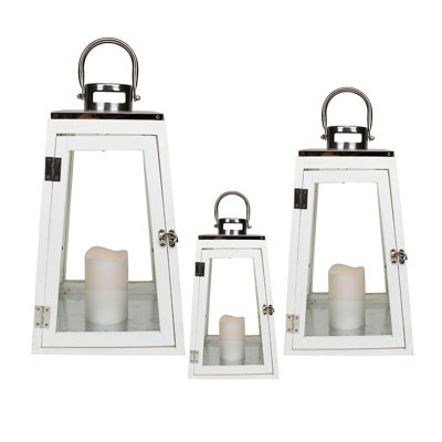 Ensemble de 3 lanternes nautiques en bois de pin blanc avec poignées en acier inoxydable or champagne