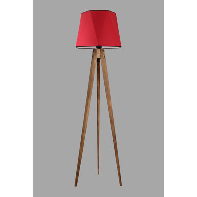Élégante lampe sur pied scandinave, corps en bois, hauteur 64,9 po | Casquette rouge en tissu (17,3 po de diamètre) | Interrupteur marche / arrêt, douille E27, 40 W maximum | Conception de campagne moderne, parfaite pour le décor du salon et de la chambre à coucher