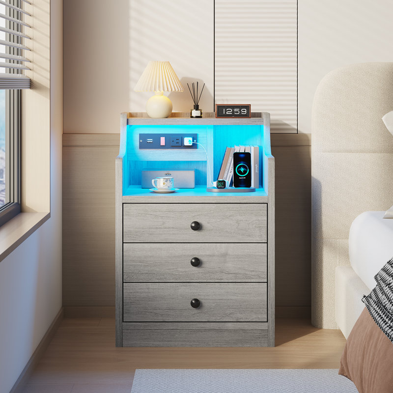 Table de chevet Smart RVB à DEL avec station de charge intégrée, table de chevet pour chambre à coucher avec huche ouverte et trois tiroirs de rangement, armoire ronde à boutons, gris