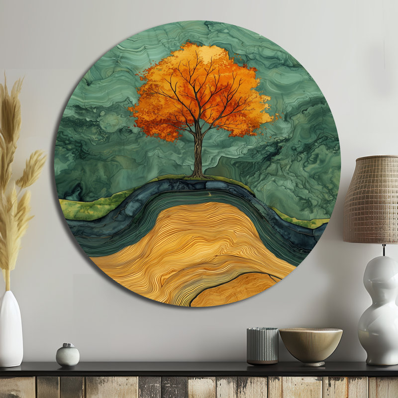 Nature bouleau avec des racines de sérénité I - impression d'art moderne orange métallique, H 16 po x l 16 po