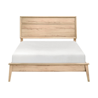 Grand lit pour chambre à coucher en chêne naturel, mélange de lit à charmes classique et moderne de style Mid-Century, créant une atmosphère
