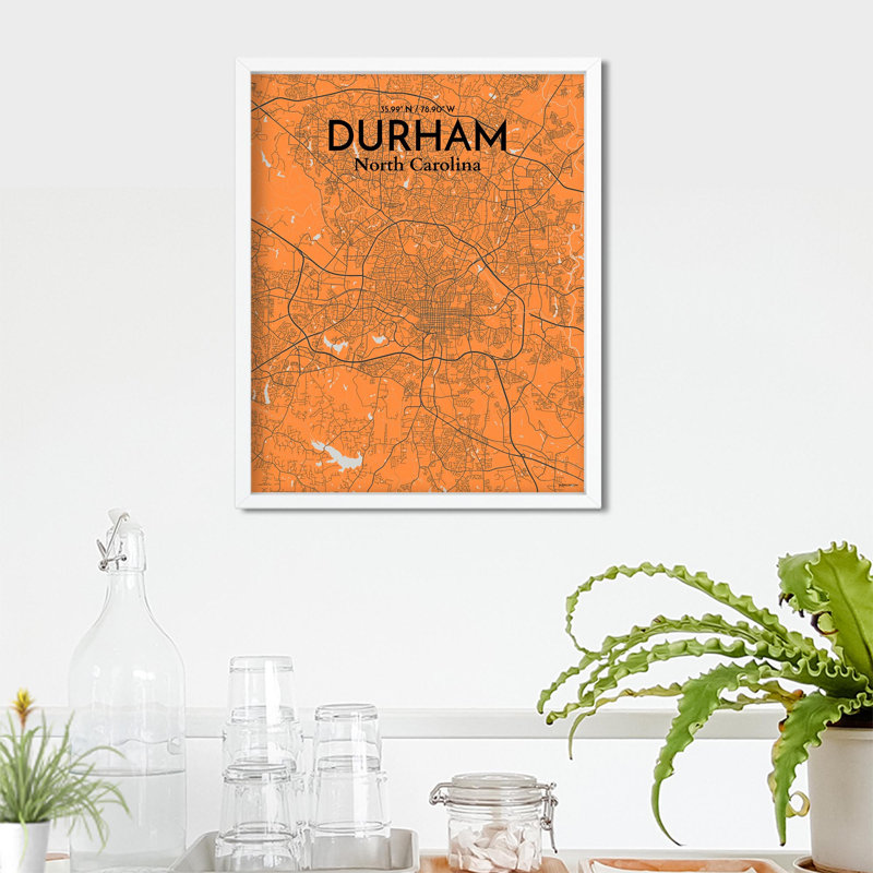 Durham City Map, impression, H 20 po x l 16 po, Orange et gris