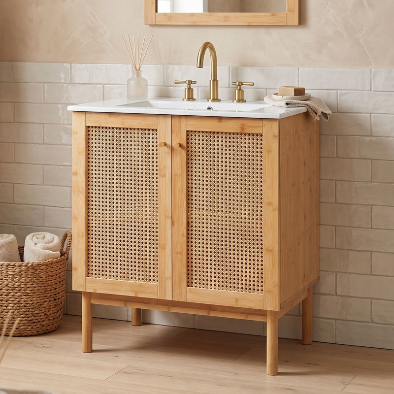 Meuble-lavabo en bois avec lavabo et portes en céramique