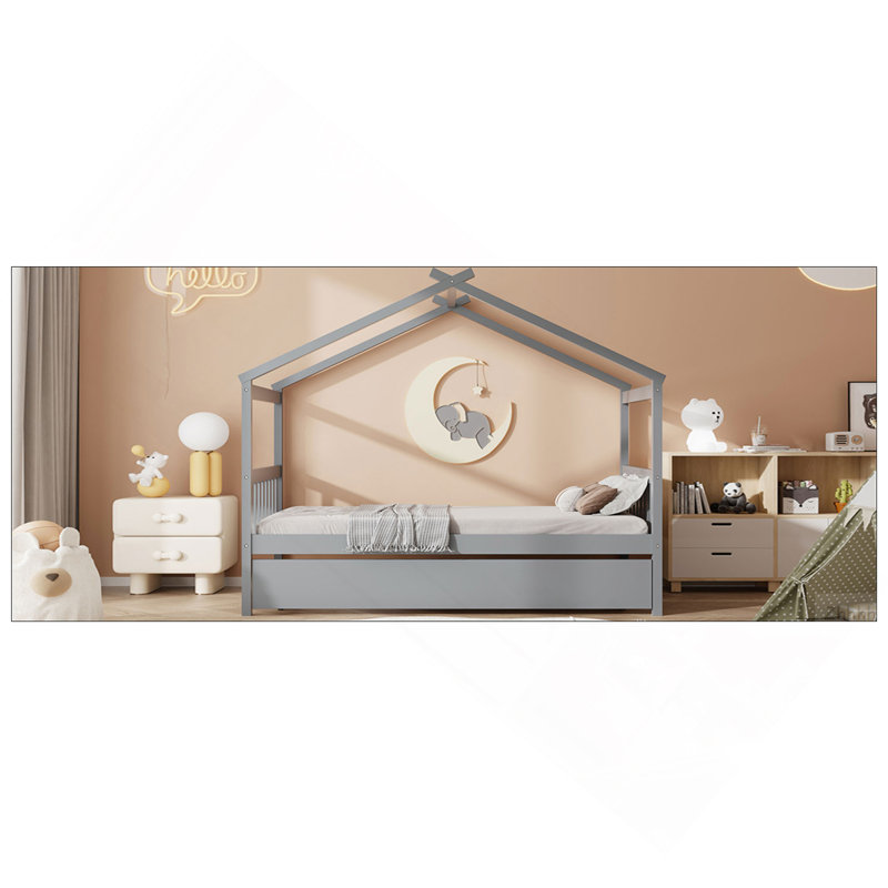 Lit simple en bois avec lit gigogne simple, Twin, Gray
